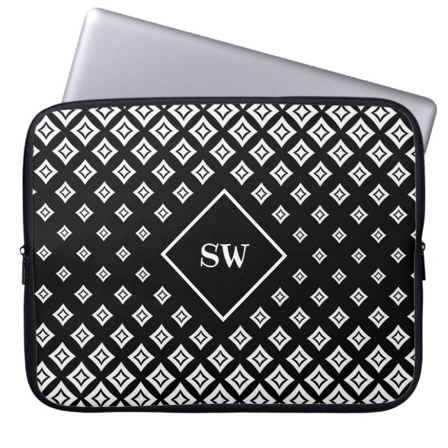 Black and White Geometric Diamond Pattern Laptop Sleeve (Front)