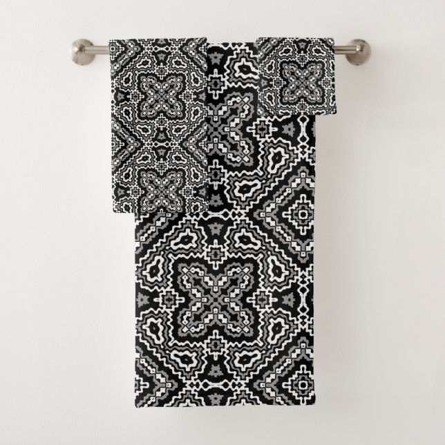  black and white geometric ethnic pattern ornament bath towel set (Insitu)