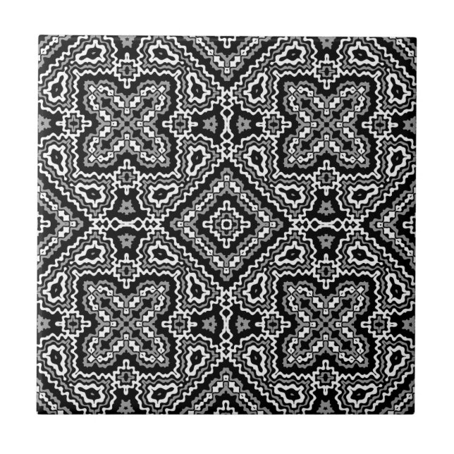  black and white geometric ethnic pattern ornament ceramic tile (Front)