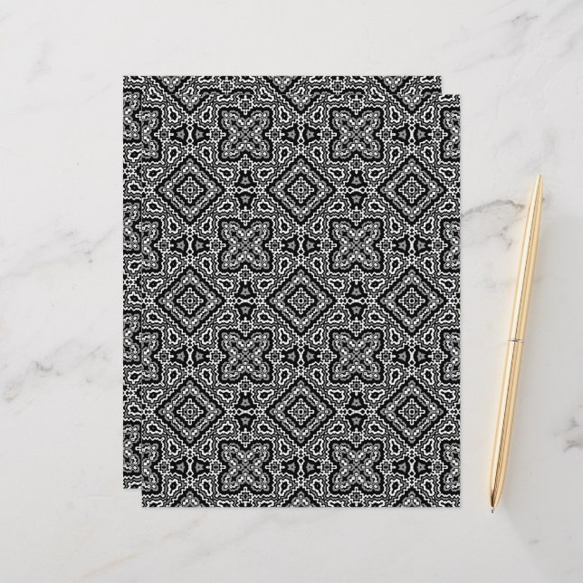  black and white geometric ethnic pattern ornament custom letterhead (Front/Back In Situ)