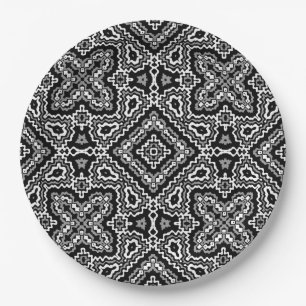 black and white geometric ethnic pattern ornament paper plate