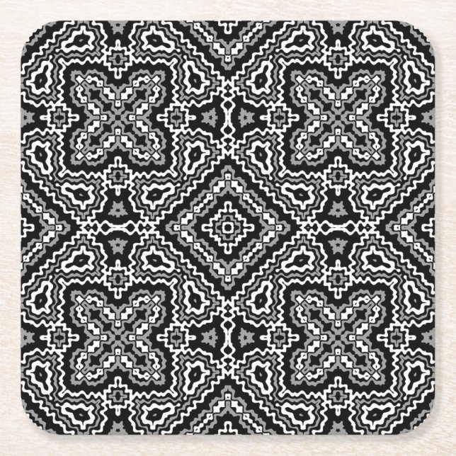  black and white geometric ethnic pattern ornament square paper coaster (Front)