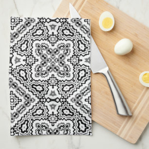 black and white geometric ethnic pattern ornament tea towel