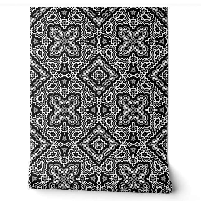  black and white geometric ethnic pattern ornament wallpaper (Unrolling)