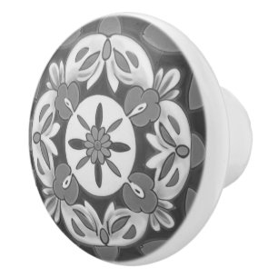 Black and White Geometric Floral Mediterranean Ceramic Knob