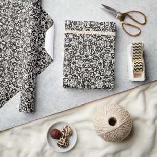 Black and White Geometric Floral Tile Pattern Wrapping Paper