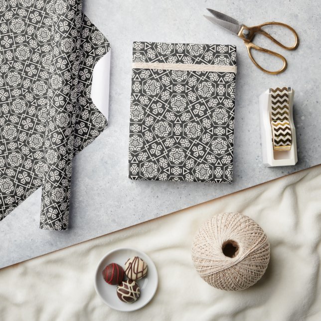 Black and White Geometric Floral Tile Pattern Wrapping Paper (Crafts)