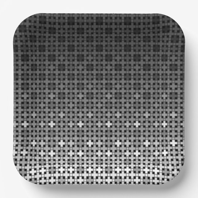 Black and white geometric gradient pattern  paper plate (Front)