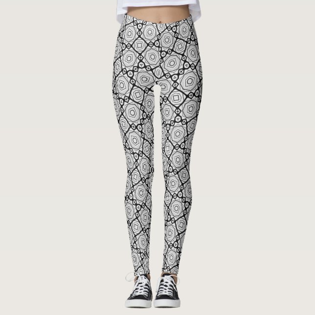 Black and White Geometric Grid Leggings - Moroccan (Front)