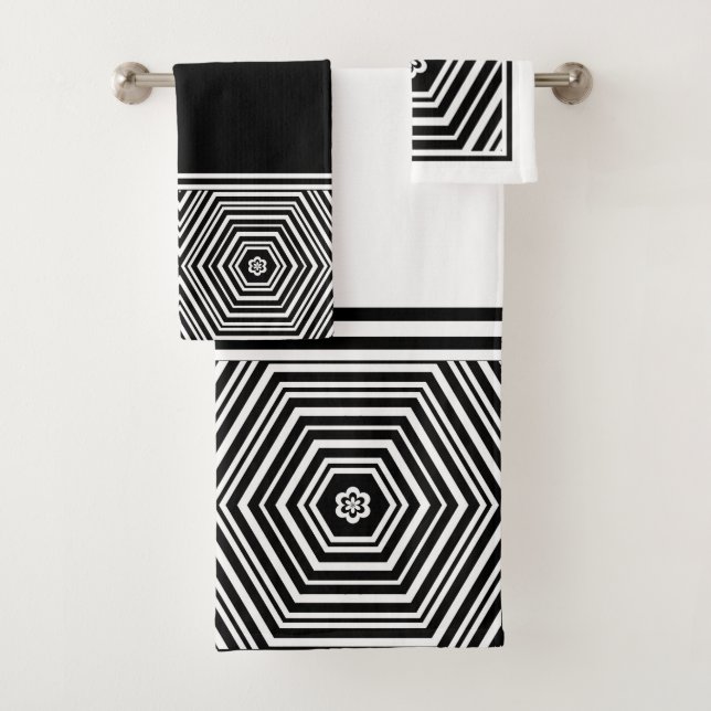 Black and White Geometric Hexagon Bath Towel Set (Insitu)