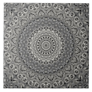 Black and White Geometric Mandala Pattern Ceramic Tile