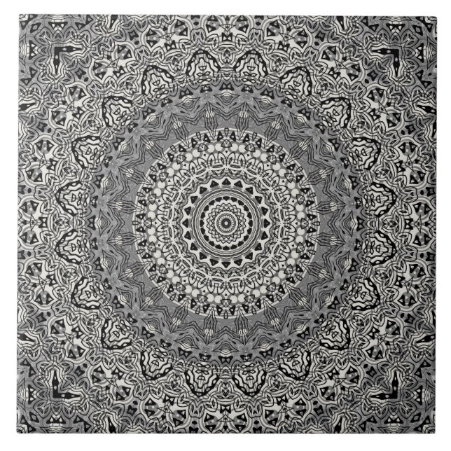 Black and White Geometric Mandala Pattern Ceramic Tile (Front)