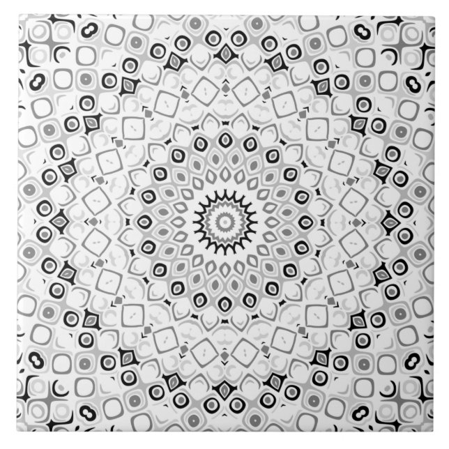 Black and White Geometric Mandala Pattern Ceramic Tile (Front)