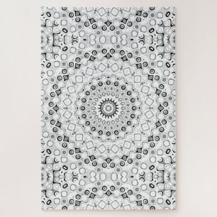 Black and White Geometric Mandala Pattern Jigsaw Puzzle