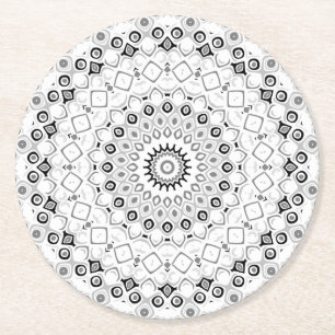 Black and White Geometric Mandala Pattern Round Paper Coaster