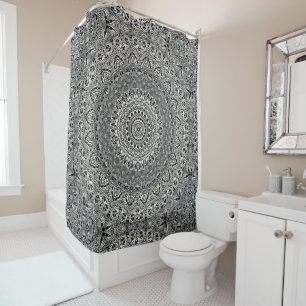 Black and White Geometric Mandala Pattern Shower Curtain