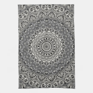 Black and White Geometric Mandala Pattern Tea Towel