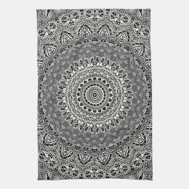 Black and White Geometric Mandala Pattern Tea Towel (Vertical)