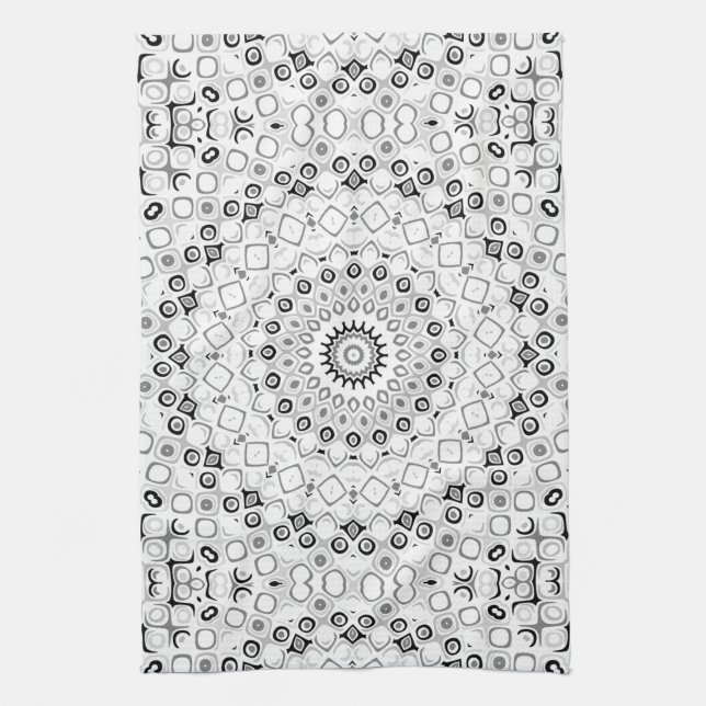Black and White Geometric Mandala Pattern Tea Towel (Vertical)