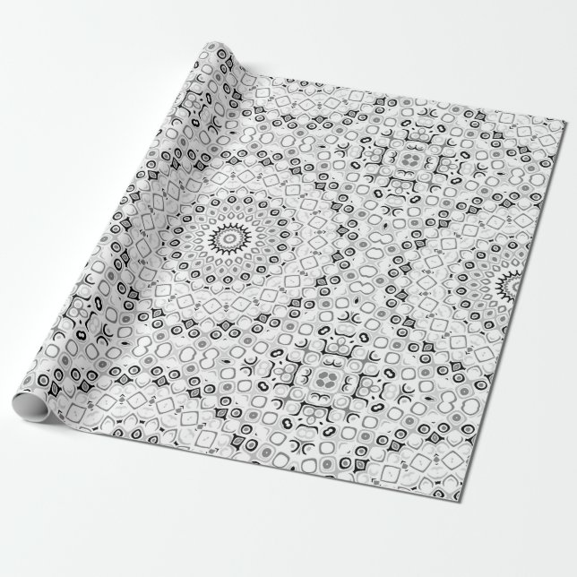 Black and White Geometric Mandala Pattern Wrapping Paper (Unrolled)