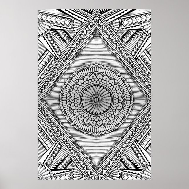 Black and White Geometric Mandala Tribal Pattern Poster (Front)