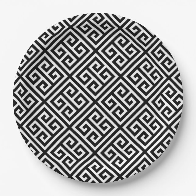 Black, and white geometric  paper plate (Front)