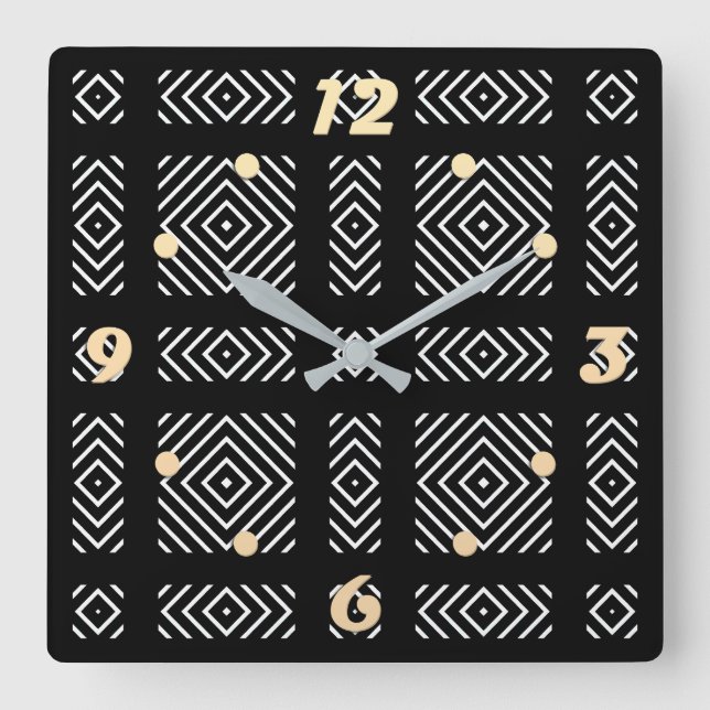 Black and white geometric pattern Ama Square Wall Clock (Front)