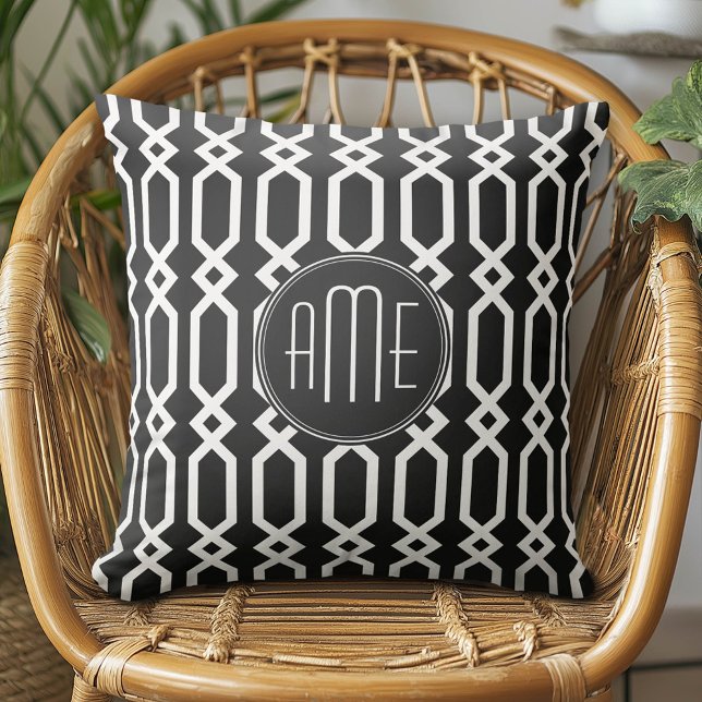 Black and White Geometric Pattern Custom Monogram Cushion (Custom Monogram Pillow)