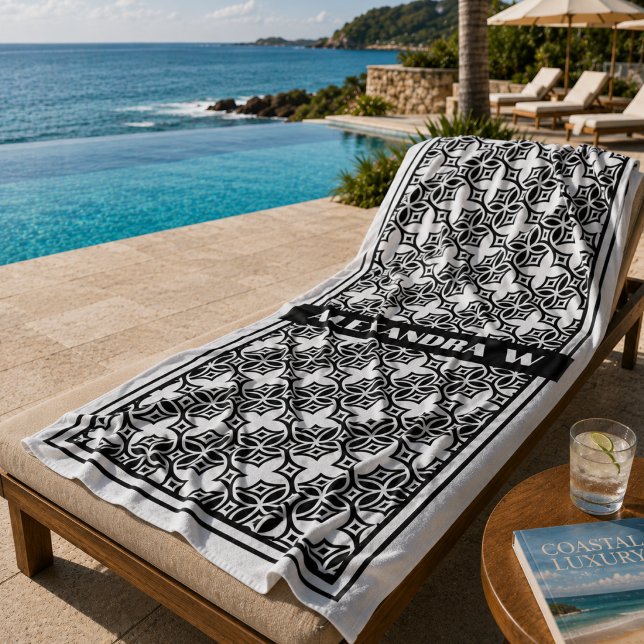 Black and White Geometric Pattern Custom Resort Beach Towel (In situ AI generated picture)