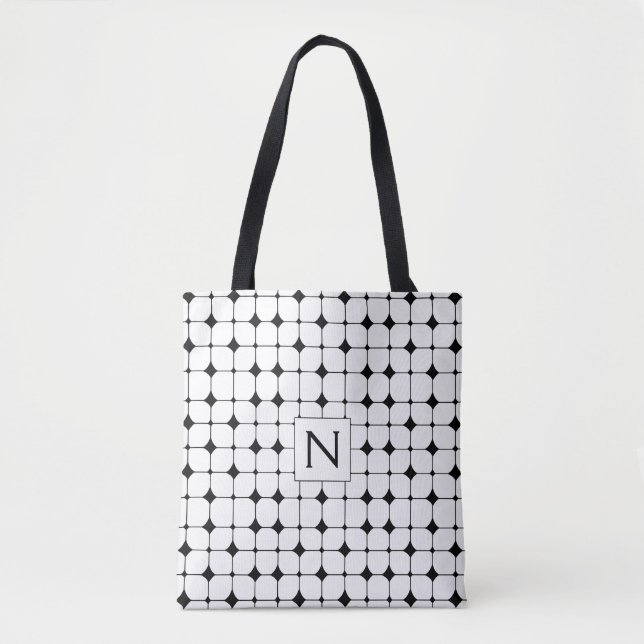 Black and White Geometric Pattern Monogram Tote Bag (Front)