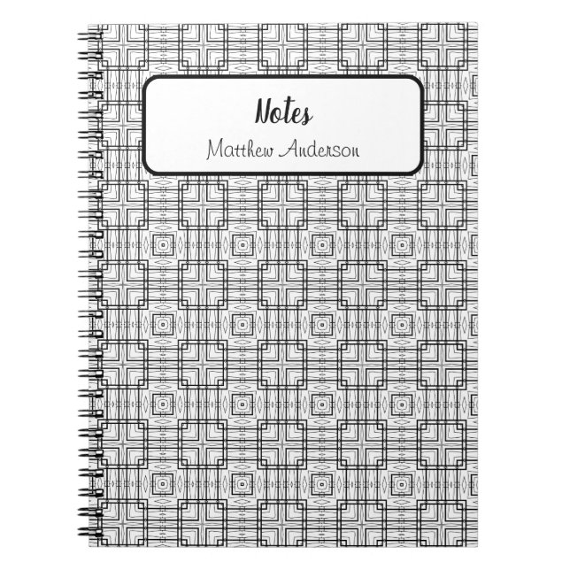 Black and White Geometric Squares Pattern Spiral Notebook (Front)