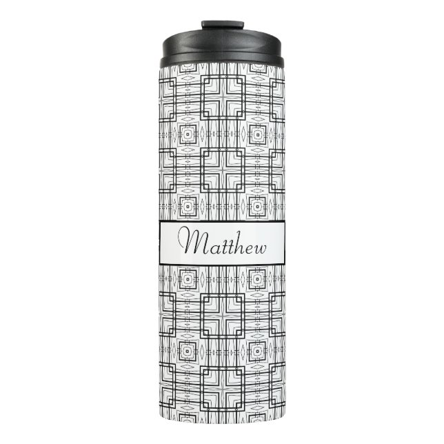 Black and White Geometric Squares Pattern Thermal Tumbler (Front)