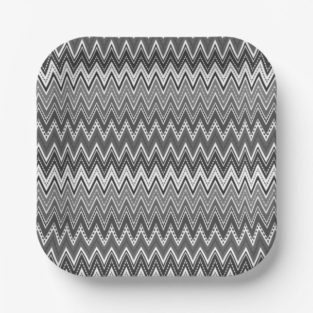 Black and white geometric zigzag pattern paper plate (Front)