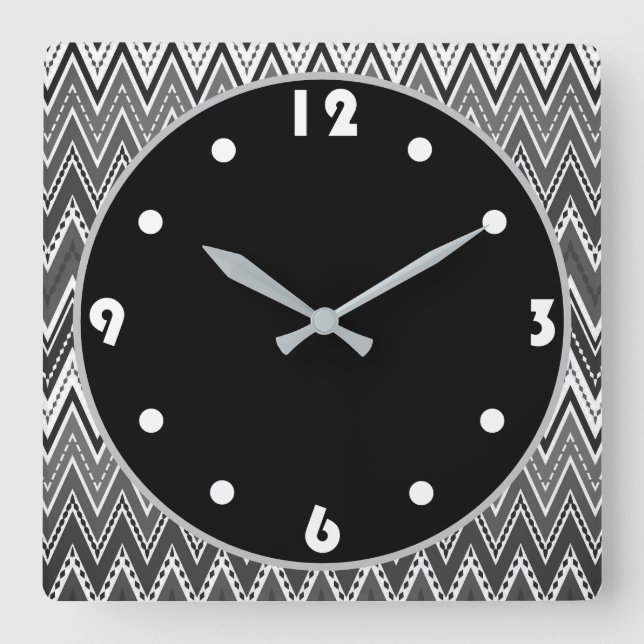 Black and white geometric zigzag pattern square wall clock (Front)