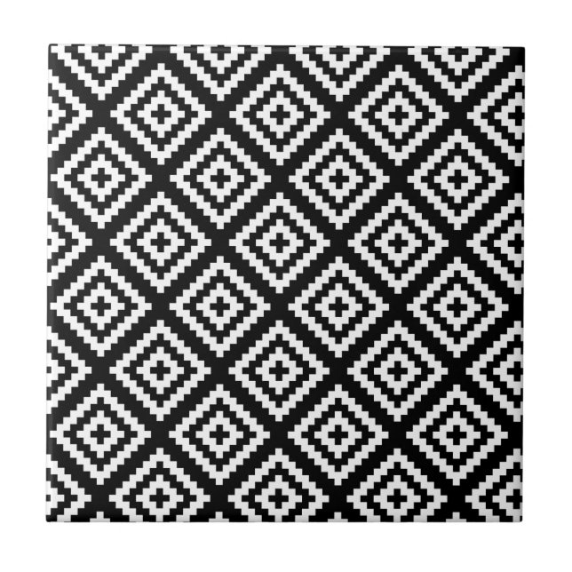 Black and White Geometrical Tribal Pattern Ceramic Tile (Front)