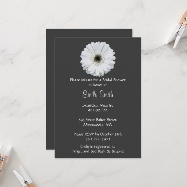 Black and White Gerbera Daisy Bridal Shower Invitation (Front/Back In Situ)