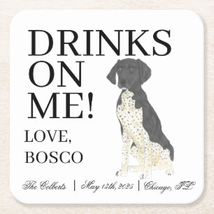 Black and White German Shorthaired Pointer Wedding Square Paper Coaster