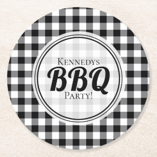 Black And White Gingham BBQ Round Paper Coaster