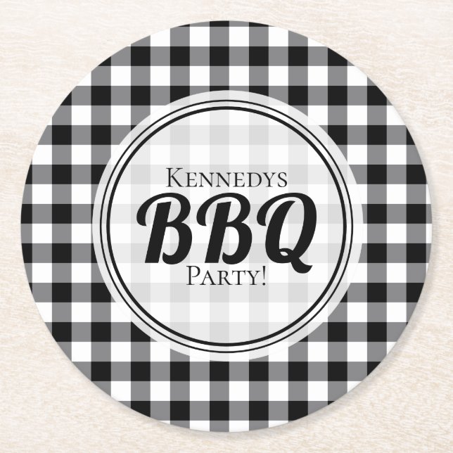 Black And White Gingham BBQ Round Paper Coaster (Front)