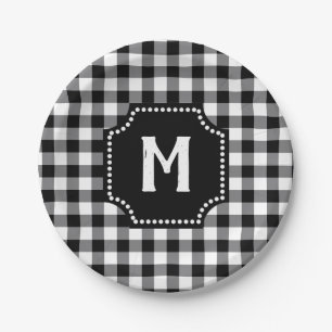 Black And White Gingham Buffalo Check  Monogram Paper Plate