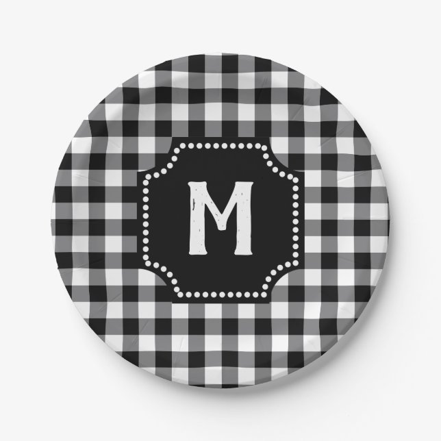 Black And White Gingham Buffalo Check  Monogram Paper Plate (Front)