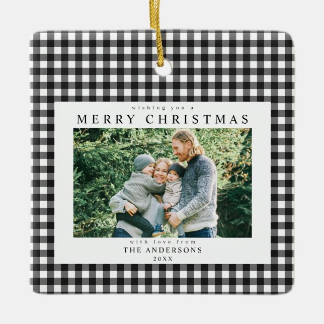 Black and White Gingham Christmas 2 Photo Ceramic Ornament (Front)