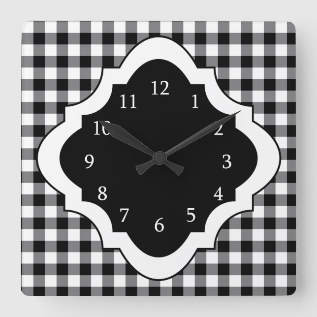 Black And White Gingham Country Square Wall Clock (Front)