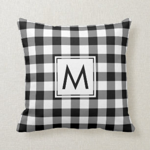 Black and White Gingham Pattern, Custom Monogram Cushion