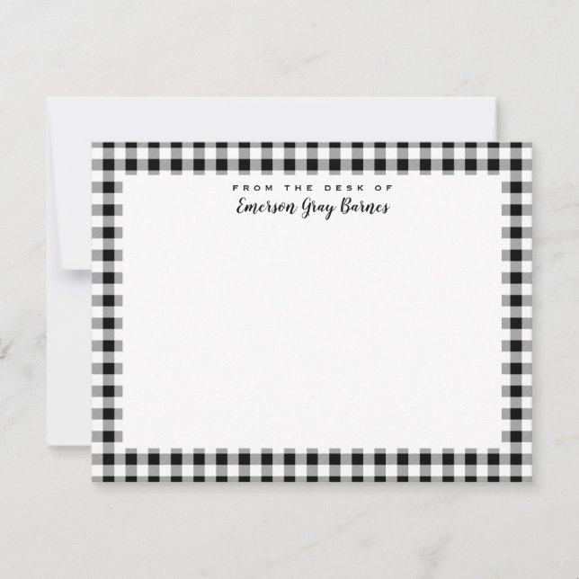 Black and White Gingham Personal Stationery Card (Front)