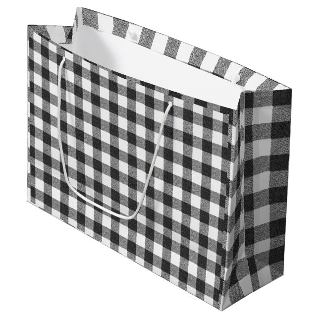 Black and White Gingham Plaid Rustic Farmhouse  Large Gift Bag (Front Angled)