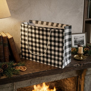 Black and White Gingham Plaid Rustic Farmhouse Large Gift Bag