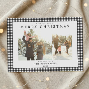 Black and White Gingham Plaid Two Photo Holiday Card