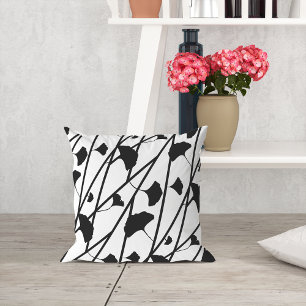Black and White Ginkgo Leaves Pattern Cushion