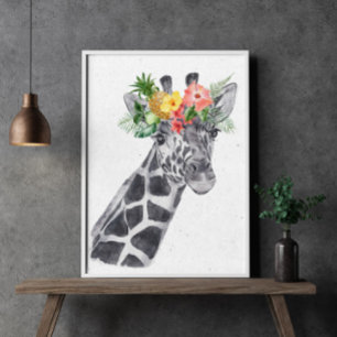 Black and White Giraffe in Flower Crown Animal Poster